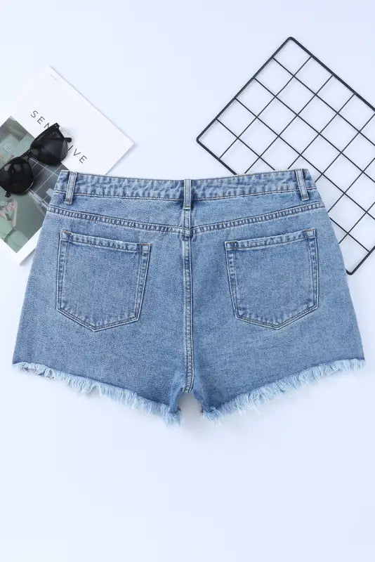 Crossover waist denim shorts - light blue, frayed edges for a relaxed summer look