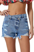 Crossover Waist Denim Shorts - Fashionfitz