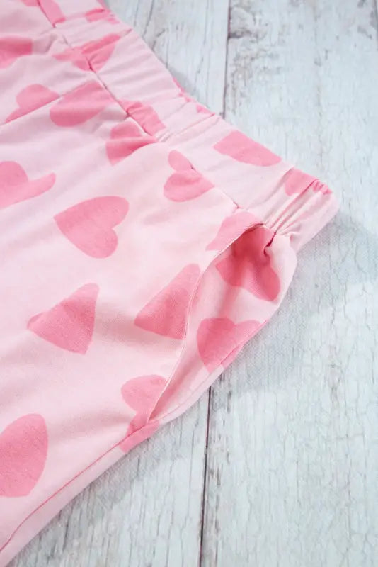 Pink valentine heart shape print long sleeve top shorts lounge set - loungewear