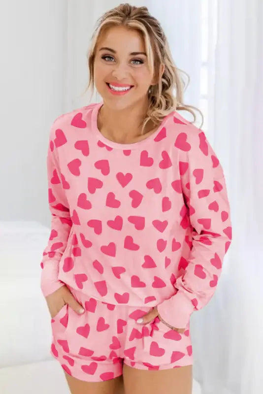 Pink valentine heart shape print long sleeve top shorts lounge set - loungewear