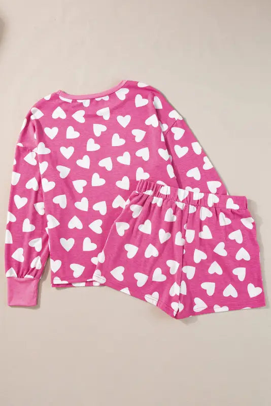 Pink valentine heart shape print long sleeve top shorts lounge set - loungewear