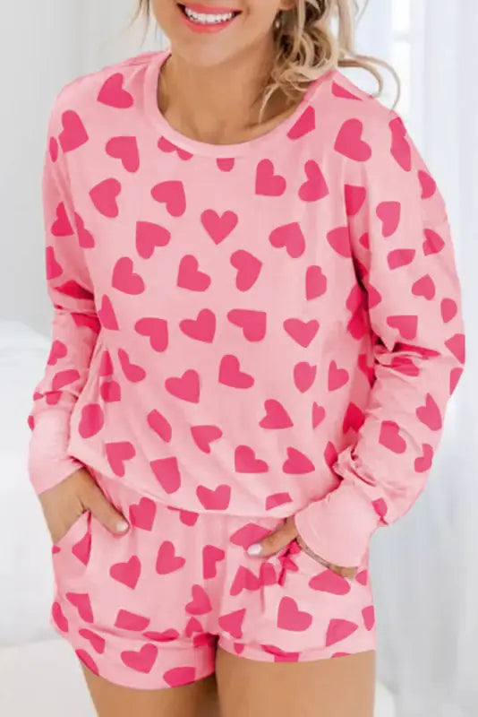 Pink valentine heart shape print long sleeve top shorts lounge set - s / 95% polyester + 5% elastane - loungewear