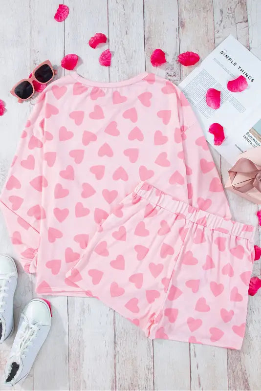 Pink valentine heart shape print long sleeve top shorts lounge set - loungewear