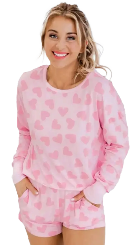 Pink valentine heart shape print long sleeve top shorts lounge set - loungewear