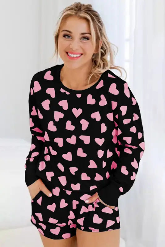 Pink valentine heart shape print long sleeve top shorts lounge set - loungewear