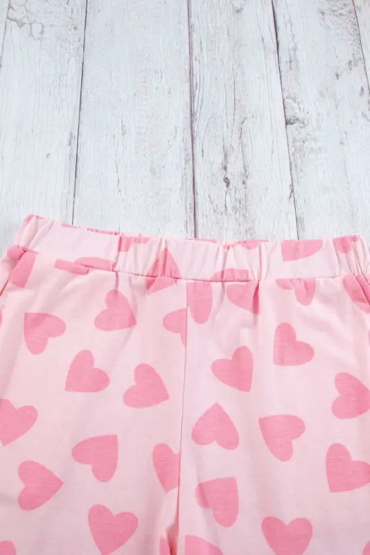 Pink valentine heart shape print long sleeve top shorts lounge set - loungewear