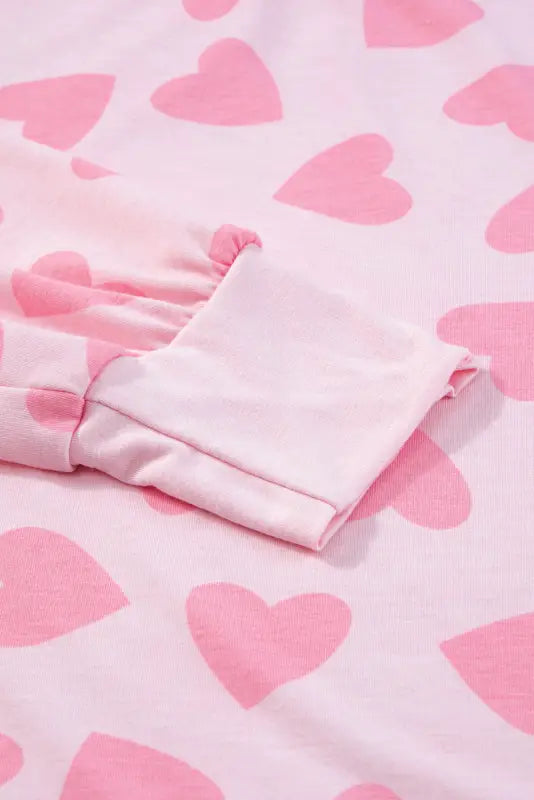 Pink valentine heart shape print long sleeve top shorts lounge set - loungewear