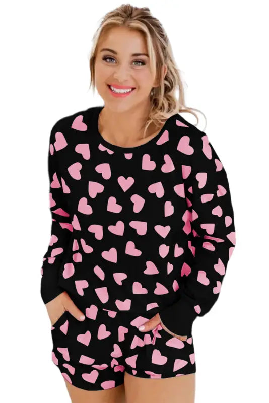 Pink valentine heart shape print long sleeve top shorts lounge set - loungewear