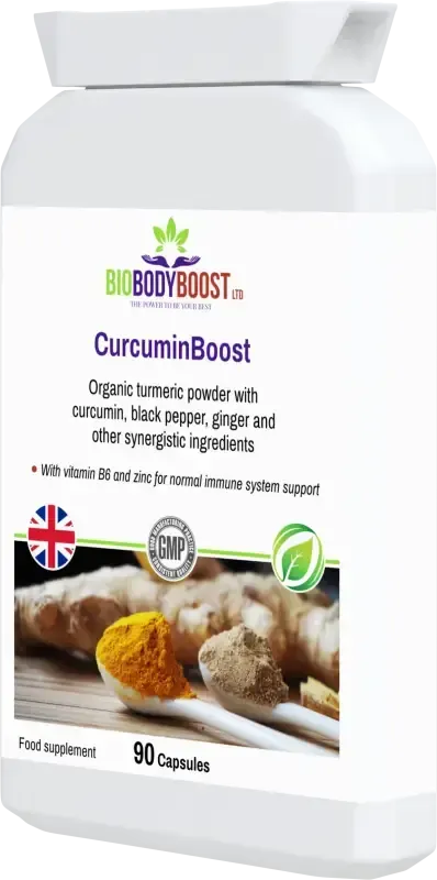 CurcuminBoost Turmeric Complex angled view — anti-inflammatory and joint support supplement, BioBodyBoost UK