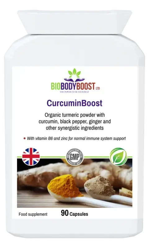 CurcuminBoost Turmeric Complex — high-strength curcumin with black pepper, ginger and herbal blend, 90 vegan capsules, BioBodyBoost UK