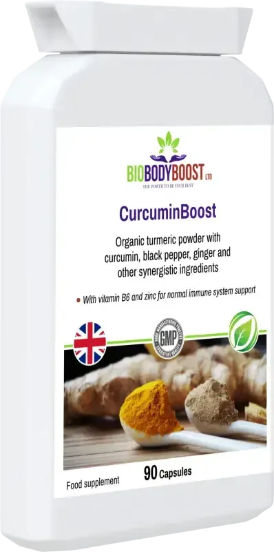 CurcuminBoost front-angle highlighting high-bioavailability turmeric and curcumin complex for natural inflammation support