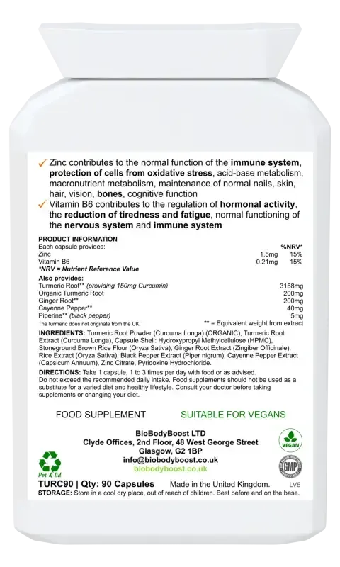 Back label of CurcuminBoost Turmeric Complex showing curcumin, black pepper extract and herbal ingredients