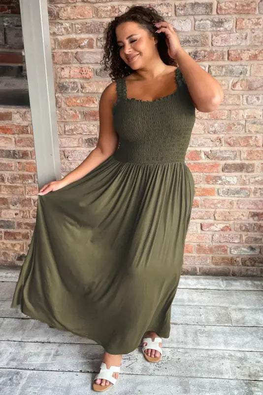 Curves maxi dress - jungle green shirred bust sleeveless plus size - dresses