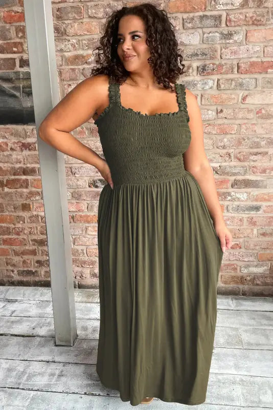 Curves maxi dress - jungle green shirred bust sleeveless plus size - dresses