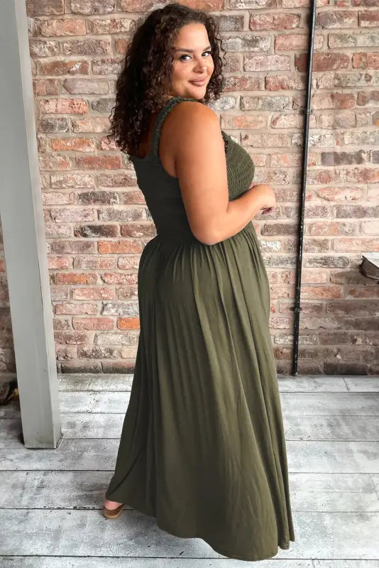 Curves maxi dress - jungle green shirred bust sleeveless plus size - dresses