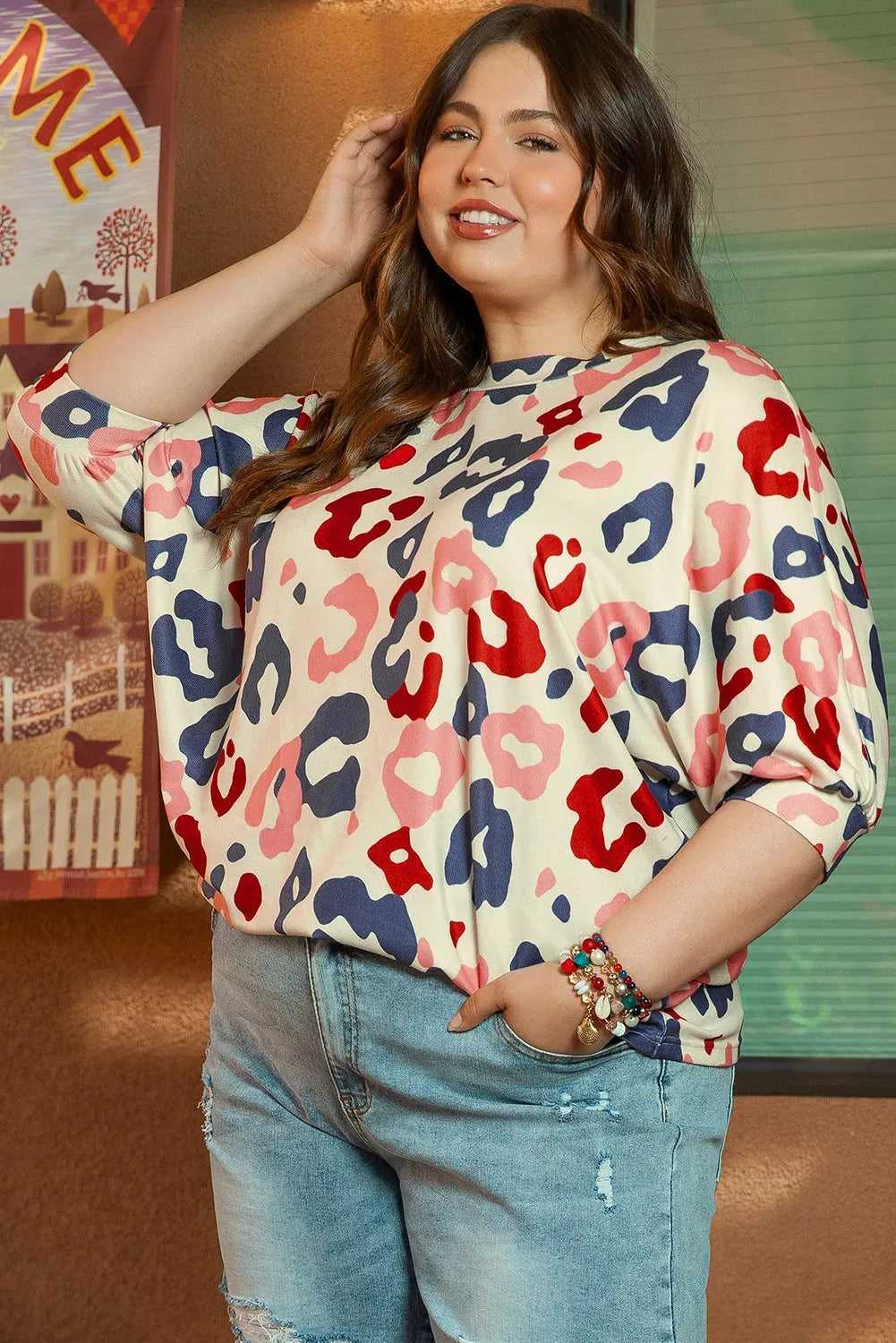 White Colorful Leopard Print Batwing Sleeve Plus Blouse - Fashionfitz