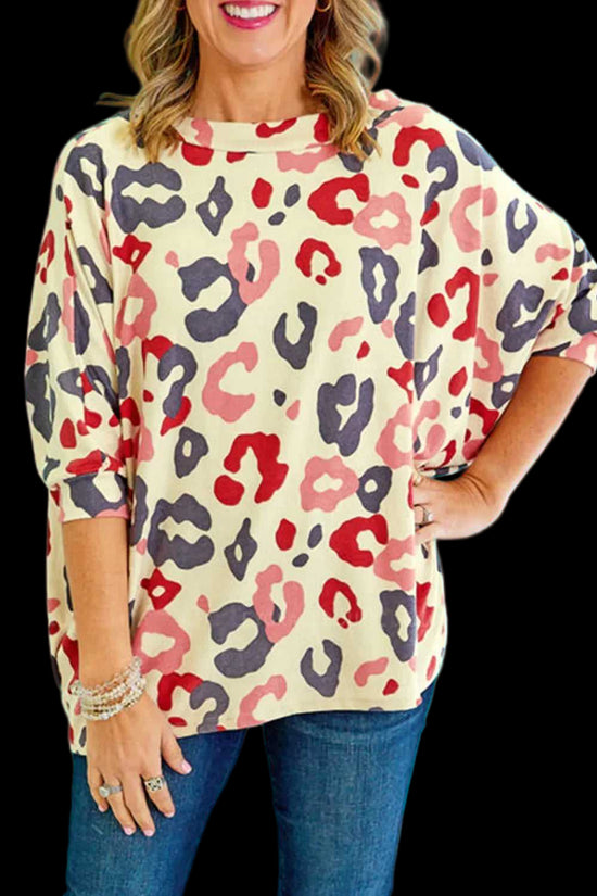 White Colorful Leopard Print Batwing Sleeve Plus Blouse - Fashionfitz