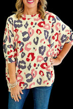 White Colorful Leopard Print Batwing Sleeve Plus Blouse - Fashionfitz