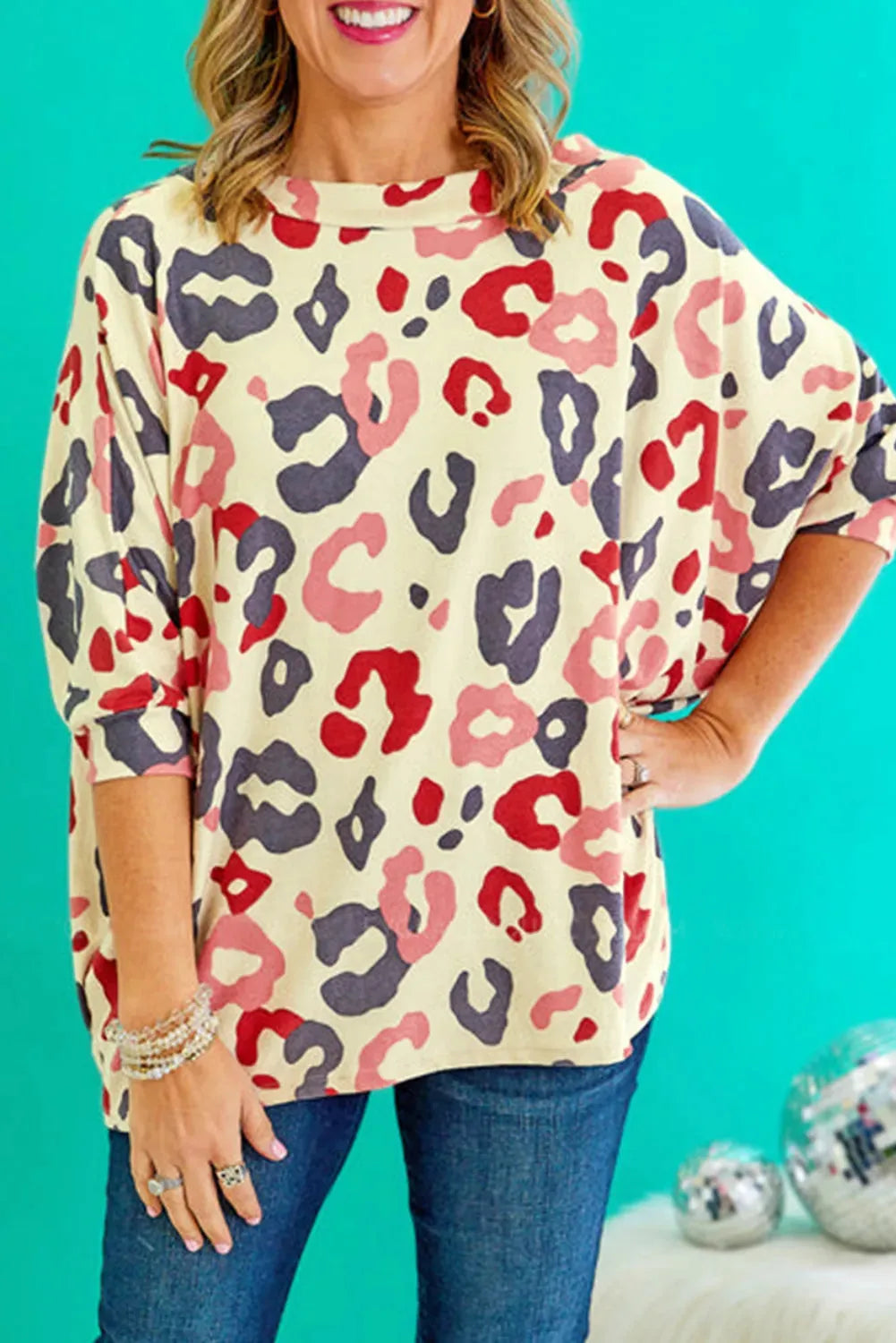 White Colorful Leopard Print Batwing Sleeve Plus Blouse - Fashionfitz