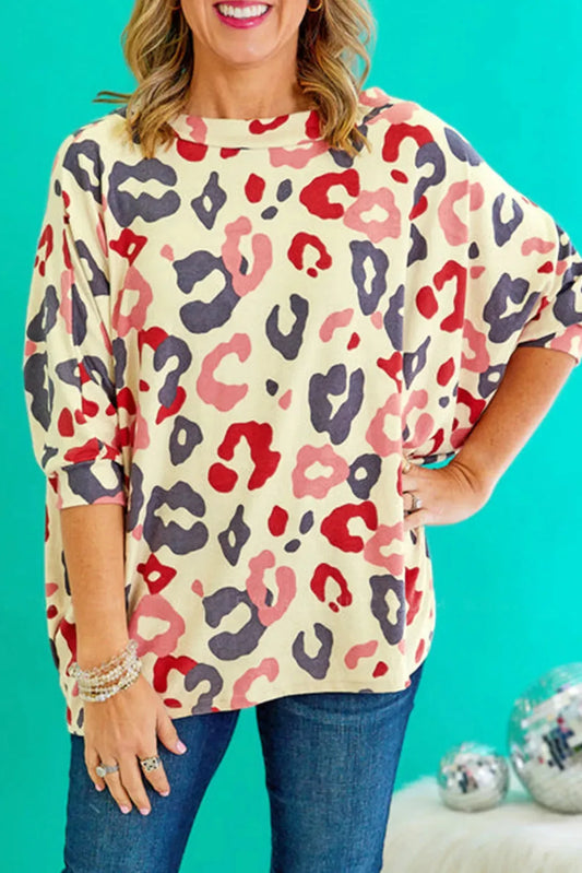 White Colorful Leopard Print Batwing Sleeve Plus Blouse - Fashionfitz