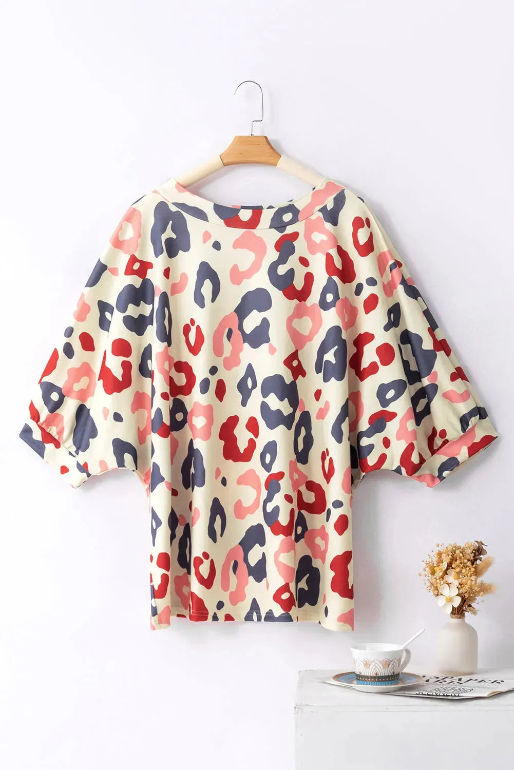 White Colorful Leopard Print Batwing Sleeve Plus Blouse - Fashionfitz