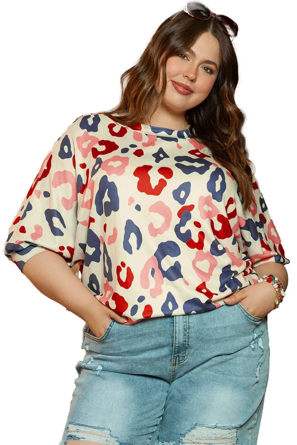 White Colorful Leopard Print Batwing Sleeve Plus Blouse - Fashionfitz