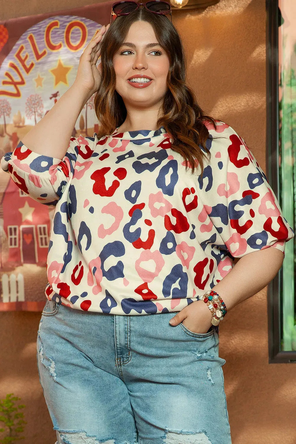 White Colorful Leopard Print Batwing Sleeve Plus Blouse - Fashionfitz