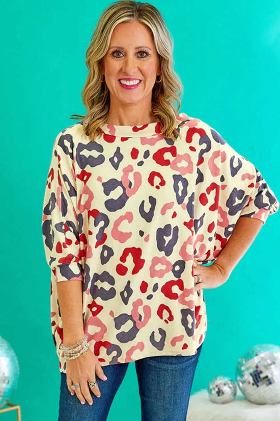 White Colorful Leopard Print Batwing Sleeve Plus Blouse - Fashionfitz