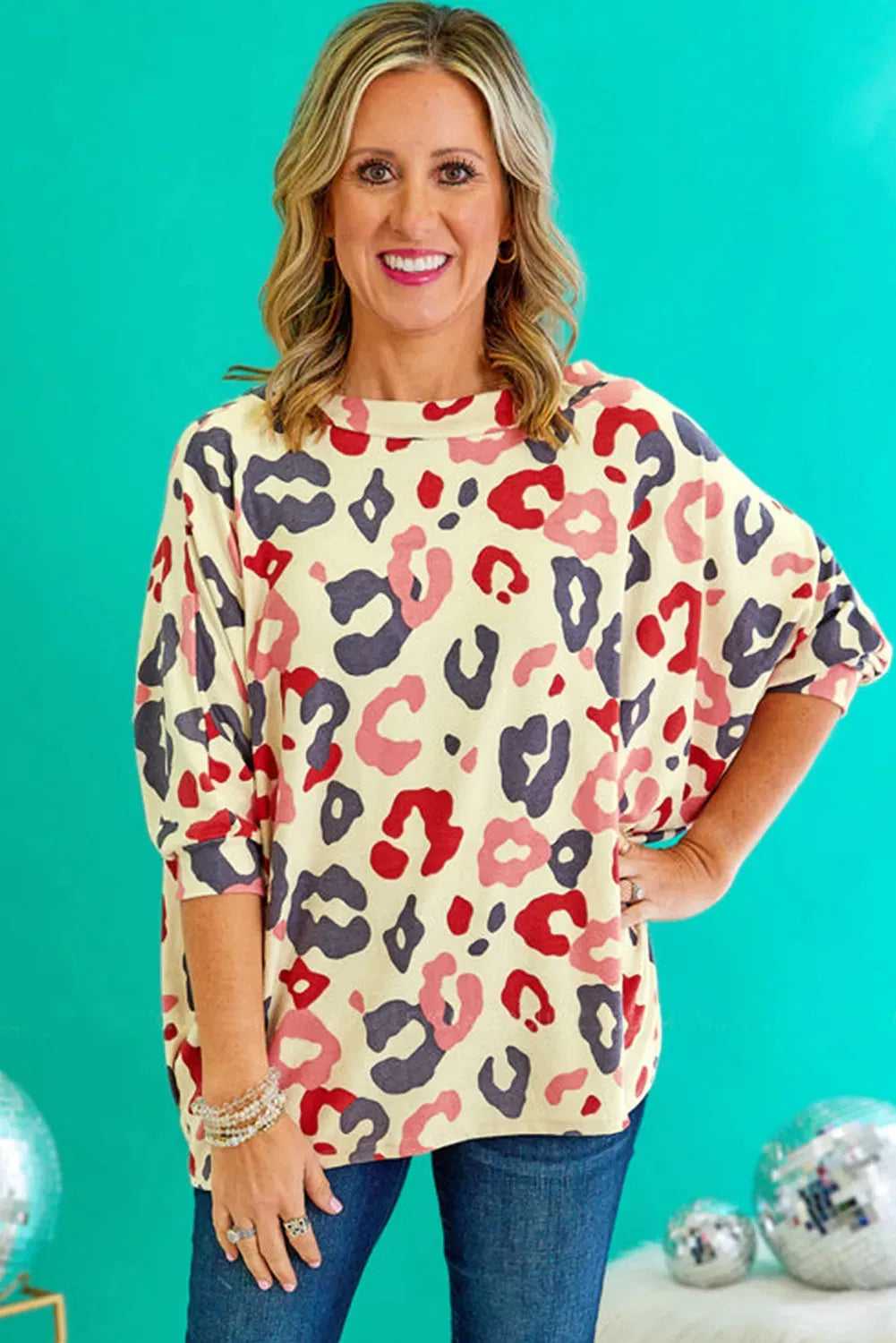 White Colorful Leopard Print Batwing Sleeve Plus Blouse - Fashionfitz