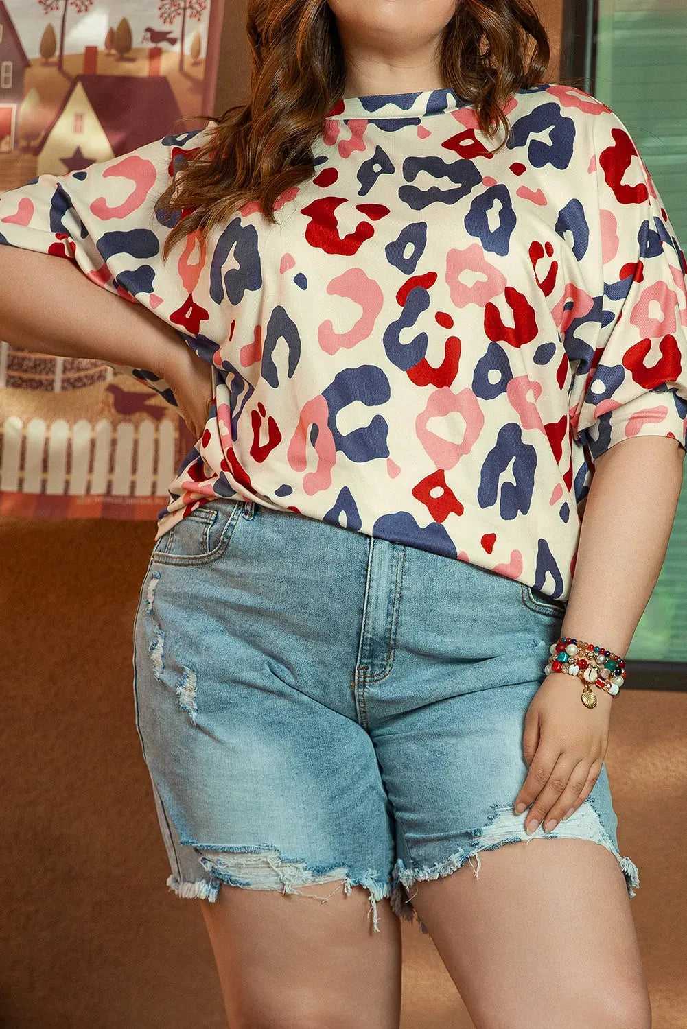 White Colorful Leopard Print Batwing Sleeve Plus Blouse - Fashionfitz