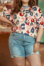 White Colorful Leopard Print Batwing Sleeve Plus Blouse - Fashionfitz