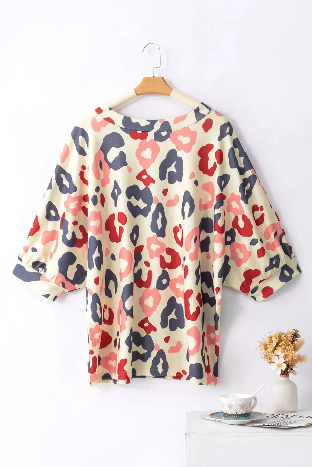 White Colorful Leopard Print Batwing Sleeve Plus Blouse - Fashionfitz