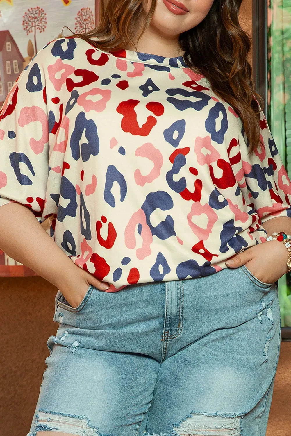 White Colorful Leopard Print Batwing Sleeve Plus Blouse - Fashionfitz