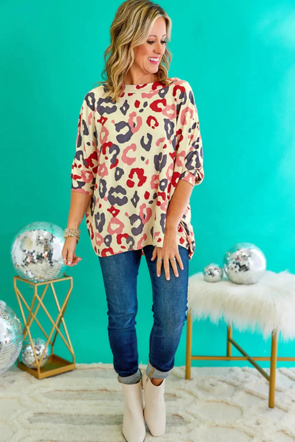White Colorful Leopard Print Batwing Sleeve Plus Blouse - Fashionfitz