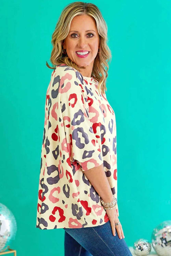 White Colorful Leopard Print Batwing Sleeve Plus Blouse - Fashionfitz