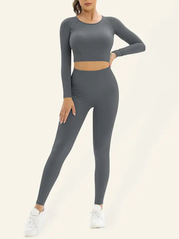 Cut-out back sports top and leggings set - charcoal grey / s - activewear sets