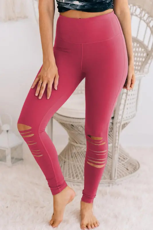 Cut-out high waist skinny leggings - rose red / （us 18-20)2xl / 95% polyester + 5% elastane