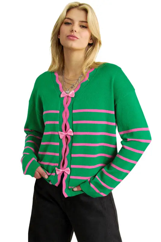 Cute bow cardigan - green stripe knit by fashionfitz