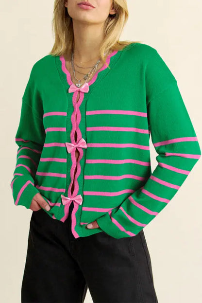 Cute bow cardigan - green stripe knit by fashionfitz