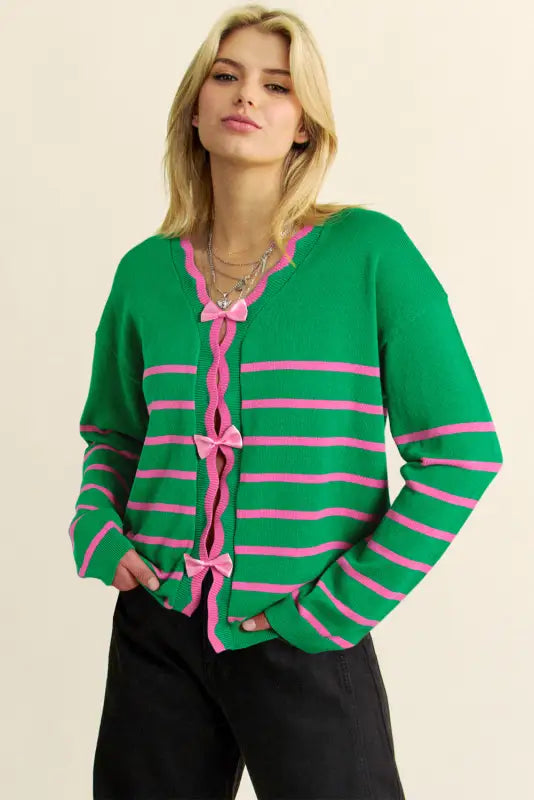 Cute bow cardigan - green stripe knit by fashionfitz