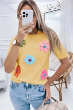 Cute Flower Applique Sweater - Yellow Cream Short Sleeve - Fashionfitz