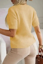 Cute Flower Applique Sweater - Yellow Cream Short Sleeve - Fashionfitz