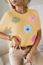 Cute Flower Applique Sweater - Yellow Cream Short Sleeve - Fashionfitz