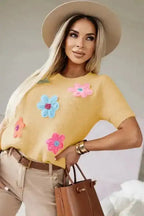 Cute Flower Applique Sweater - Yellow Cream Short Sleeve - Fashionfitz