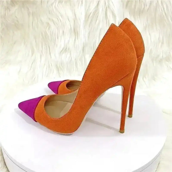 Classic Suede High Heels in orange with pink pointed toe, elegant stiletto court shoes from FashionFitz for special occasions.