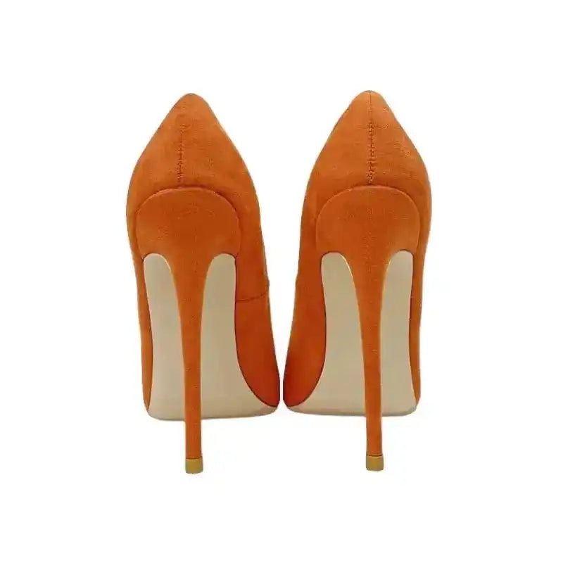Back view of Classic Suede High Heels by FashionFitz, showcasing slim stiletto heels in orange suede for a sleek, elegant look.