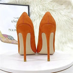 Rear view of FashionFitz Classic Suede High Heels, orange suede stiletto court shoes designed for weddings, office, or night outs.