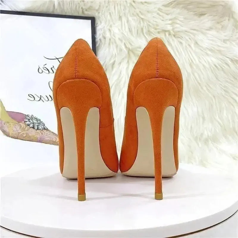 Rear view of FashionFitz Classic Suede High Heels, orange suede stiletto court shoes designed for weddings, office, or night outs.