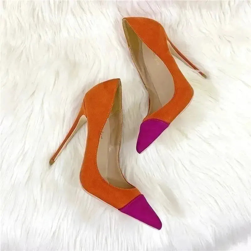Top view of FashionFitz Classic Suede High Heels in orange and pink, perfect court shoes for office, events, or formal occasions.