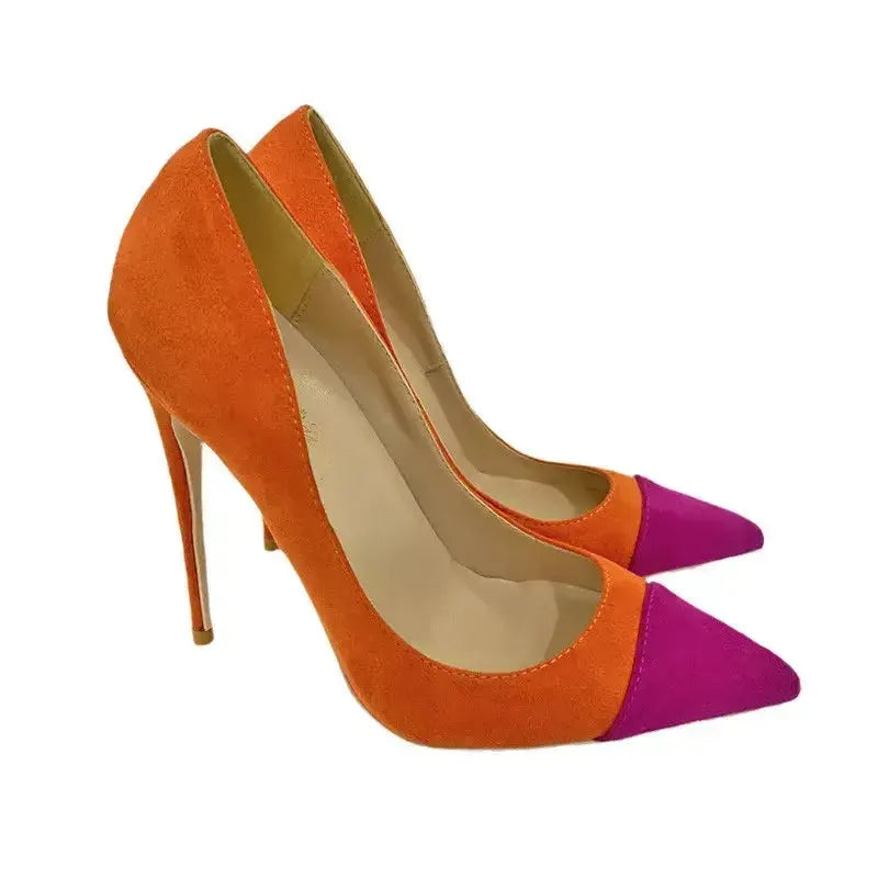 Side view of Classic Suede High Heels from FashionFitz, orange suede pumps with pink pointed toe and elegant stiletto heel.